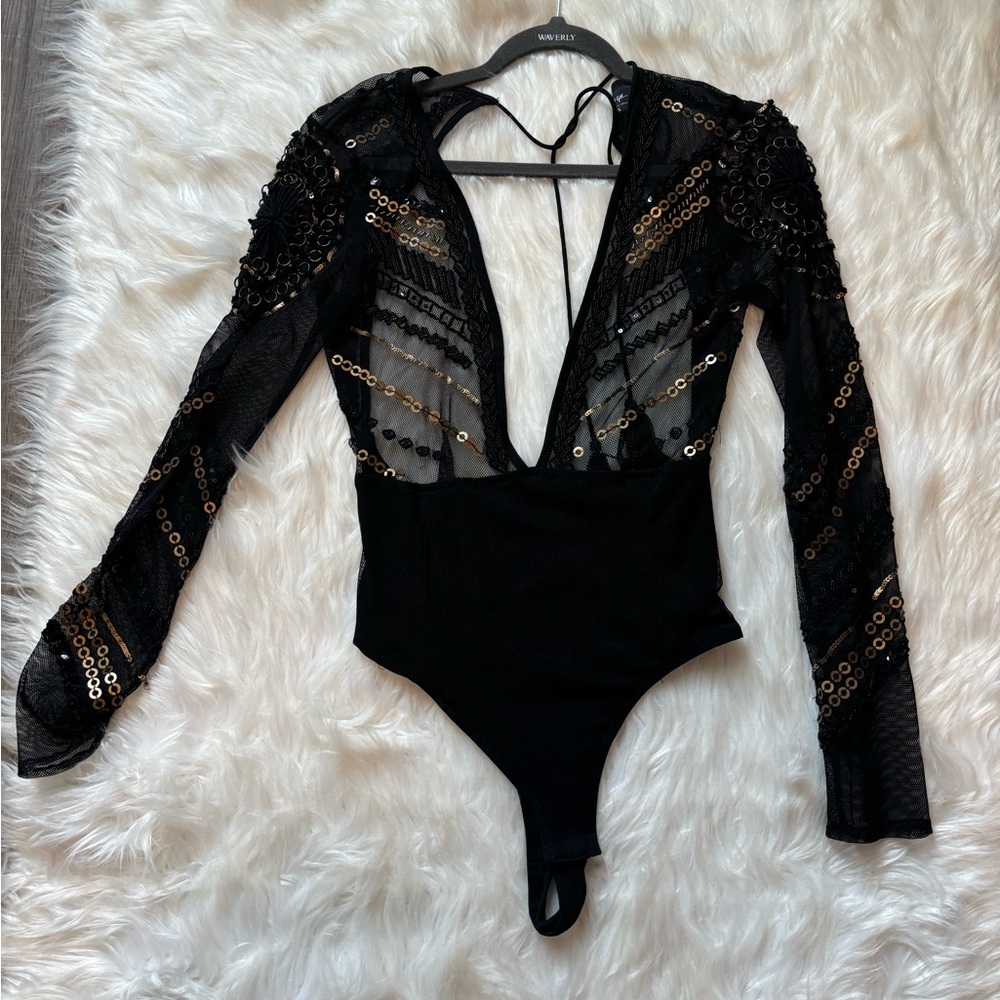 NASTY GAL Black and gold beaded bodysuit with long sleeves